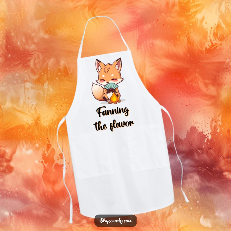 Funny determined fox fanning embers with a small fan, a protective and humorous apron for cooking.