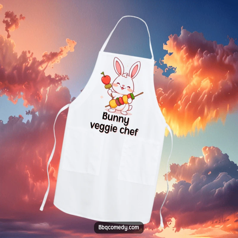 Funny playful bunny holding a skewer with colorful vegetables, a protective and humorous apron for cooking.
