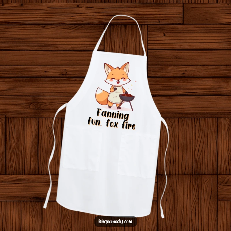 Cute fox wearing an apron, gleefully fanning a small charcoal barbecue, ready for kitchen fun in this apron.
