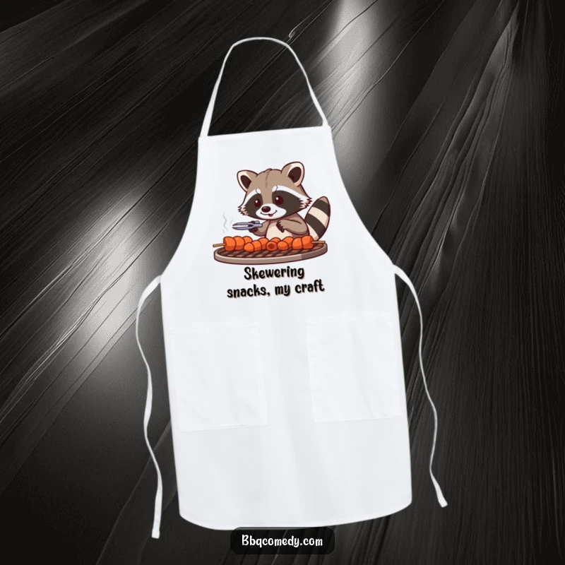 Playful raccoon with tongs carefully arranging skewers on a grill grate, wearing this funny apron.