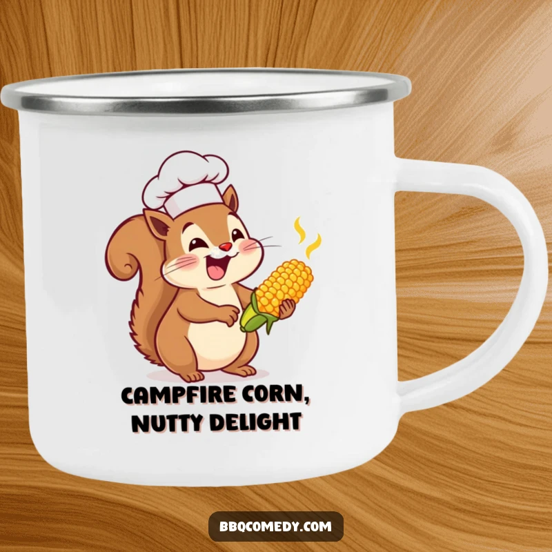 Enthusiastic squirrel in a chef hat basting tiny corn on the cob, a durable and funny mug for camping.