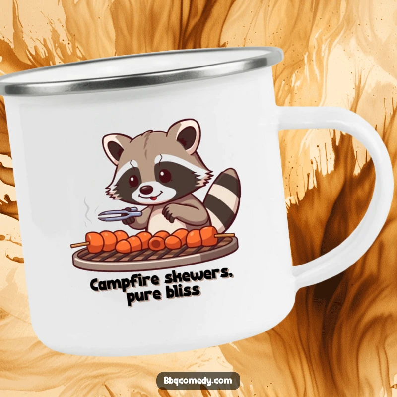 Playful raccoon with tongs arranging skewers on a grill grate, a durable and funny mug for camping.