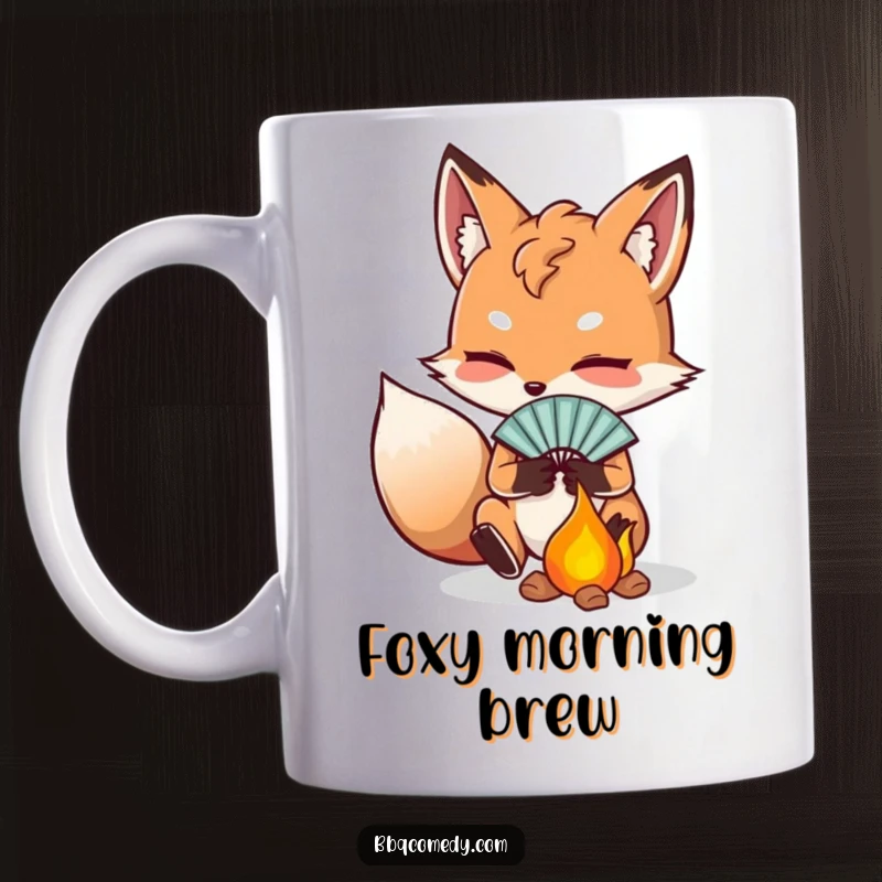 Funny determined fox character intently fanning embers with a small fan, symbolizing patience and focus.