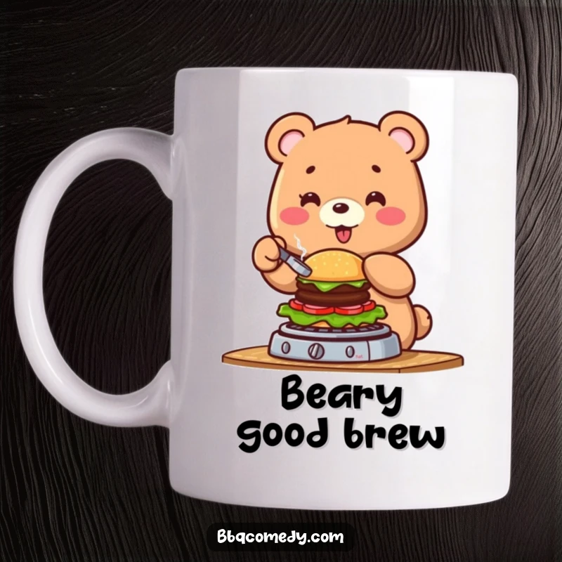 Funny cheerful bear flipping a tiny burger on a grill, perfect for a barbecue lover's mug gift.