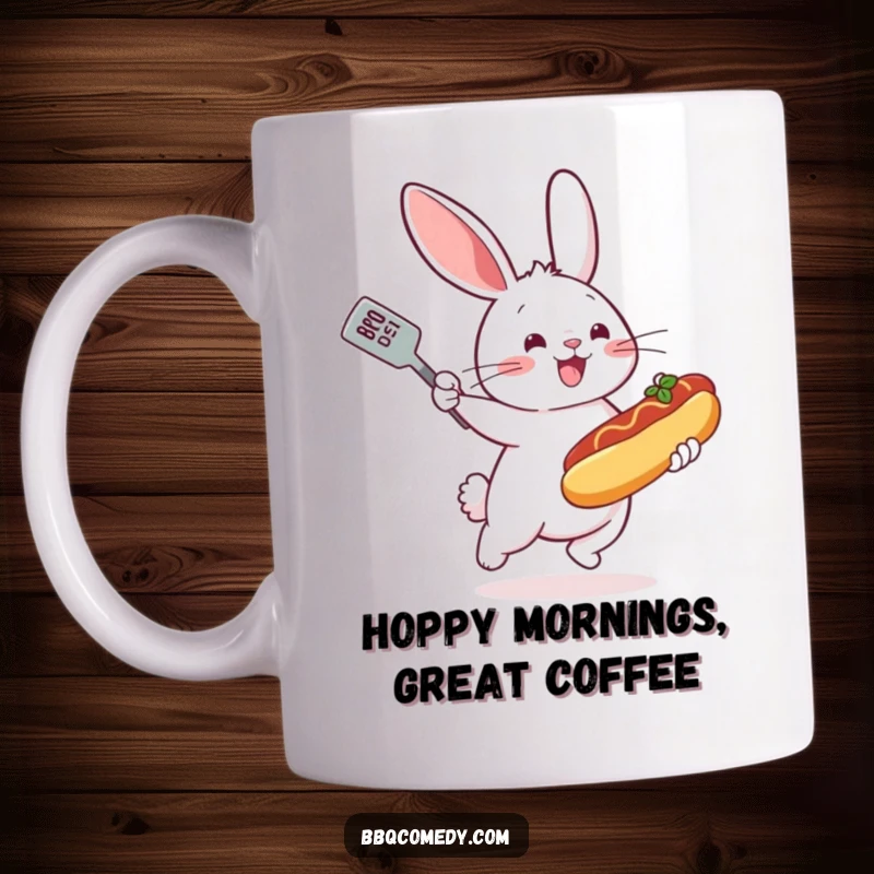 Bouncing bunny with a spatula enthusiastically flipping a tiny hot dog on a grill, ready to serve.