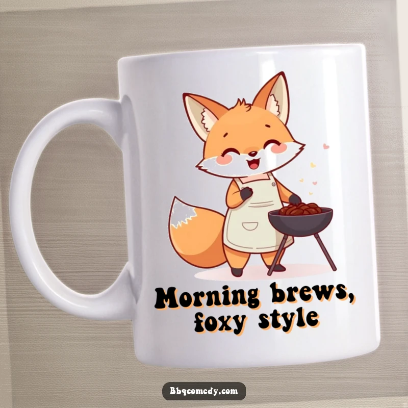 Cute fox in an apron gleefully fanning a tiny charcoal barbecue, radiating warmth and happiness.