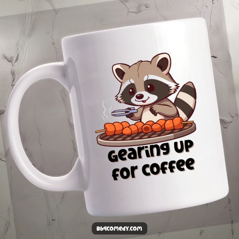 Playful raccoon with tongs carefully arranging skewers on a grill grate, showing focused BBQ skills.