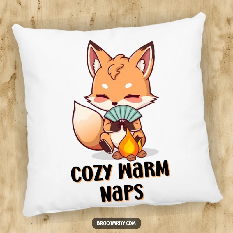 Funny determined fox fanning embers with a small fan, a decorative and humorous pillow for sofas.