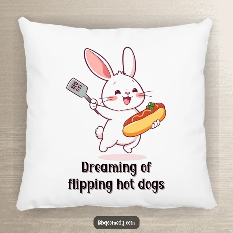 Bouncing bunny with a spatula flipping a miniature hot dog on a grill, a soft and humorous decorative pillow.