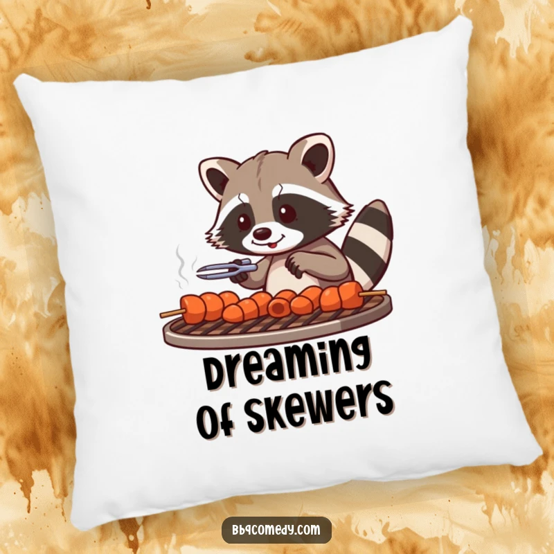 Playful raccoon with tongs arranging skewers on a grill grate, a soft and humorous decorative pillow.