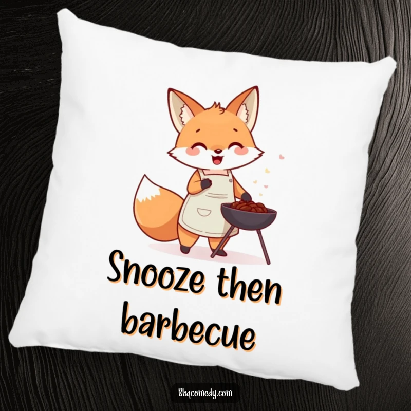 Cute fox in an apron gleefully fanning a small charcoal barbecue, a soft and humorous decorative pillow.