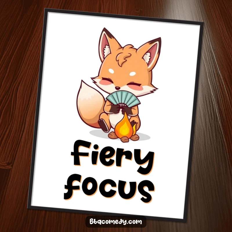Funny determined fox fanning embers with a small fan, printable digital art for instant humorous decor.