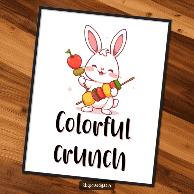 Funny playful bunny holding a skewer with colorful vegetables, printable digital art for instant humorous decor.