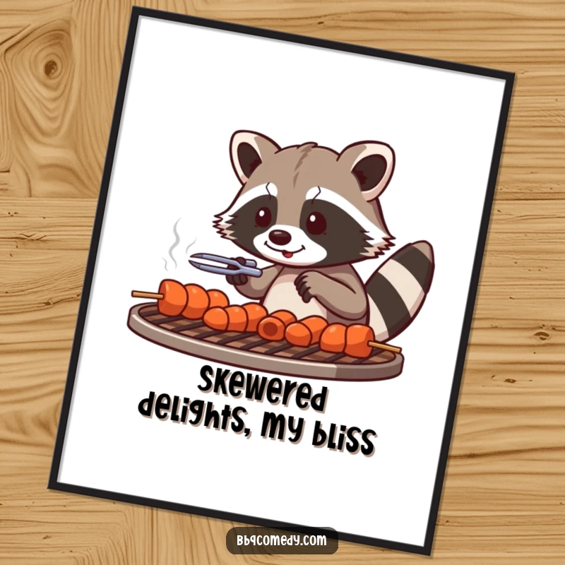 Playful raccoon with tongs carefully arranging skewers on a grill grate, a humorous digital art print.