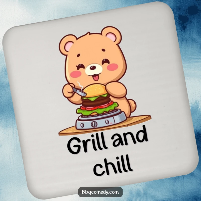 Funny cheerful bear flipping a small burger on a barbecue, a set of protective drink coasters with humor.