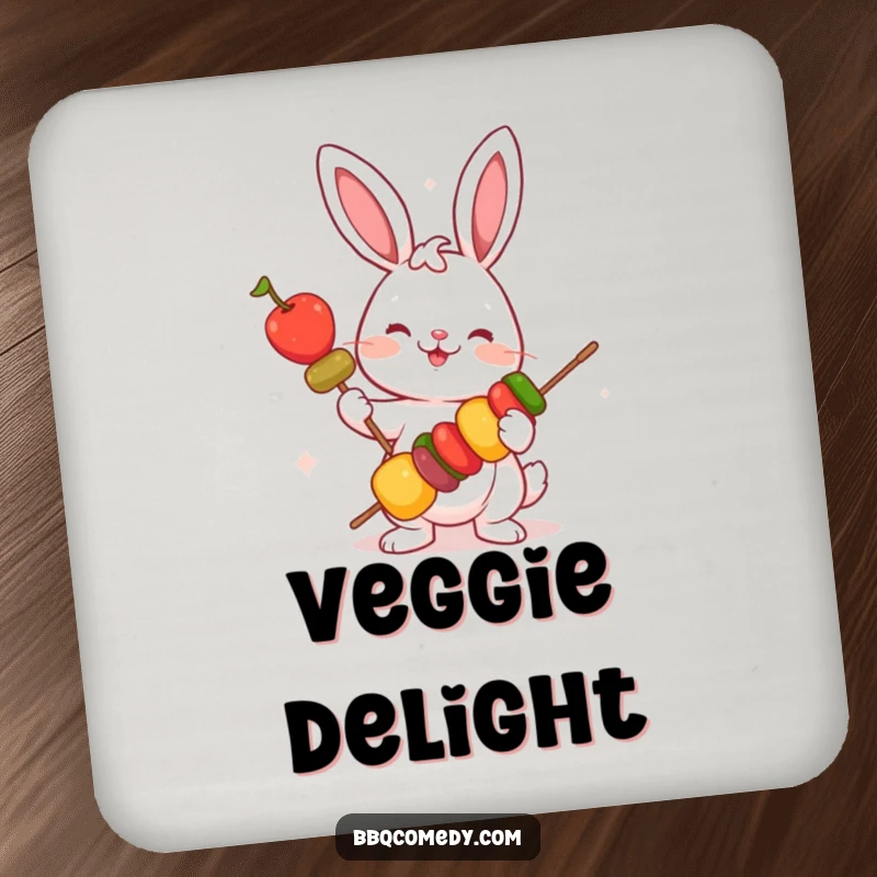 Funny playful bunny holding a skewer with colorful vegetables, a set of protective drink coasters with humor.