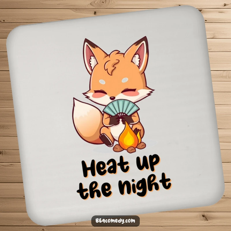 Funny determined fox fanning embers with a small fan, a set of protective drink coasters with humor.