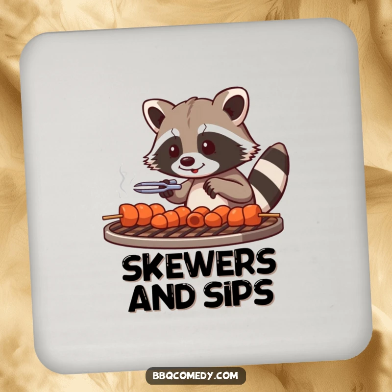 Playful raccoon with tongs arranging skewers on a grill grate, on protective and funny drink coasters.