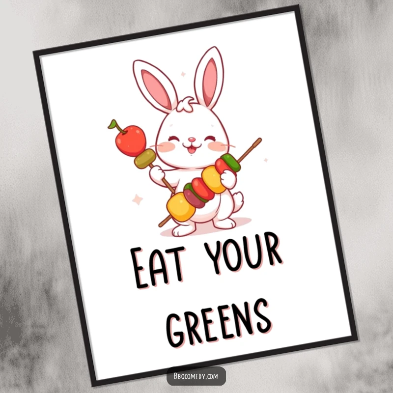 Funny playful bunny holding a skewer with colorful vegetables, humorous wall art poster for kitchens and nurseries.