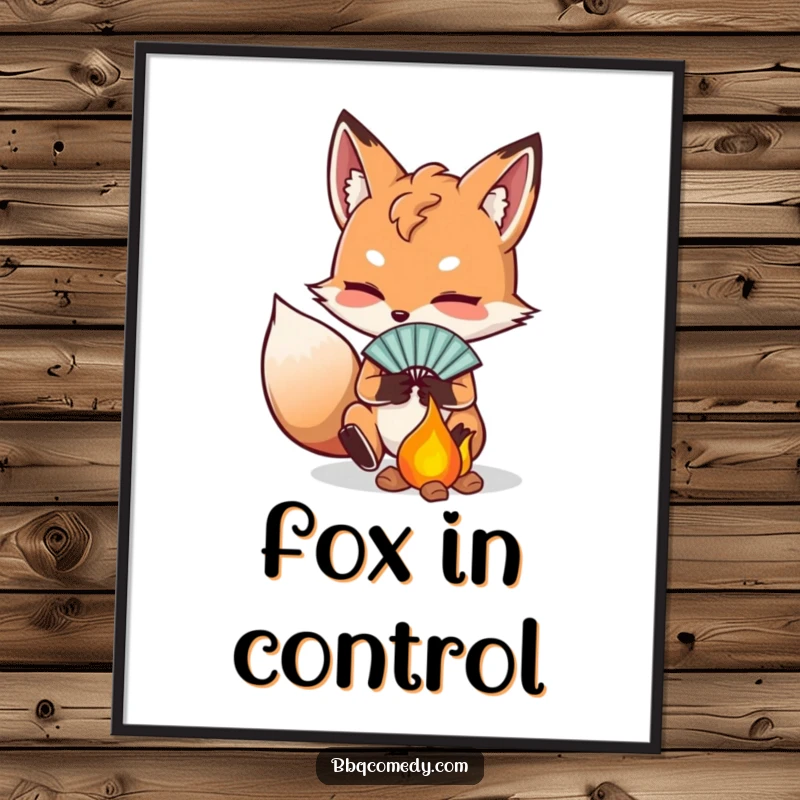 Funny determined fox character fanning embers with a small fan, humorous wall art poster for inspiration.