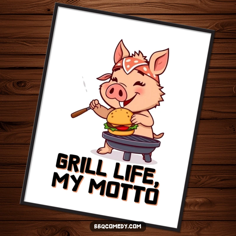 Funny boar wearing a bandana, enthusiastically flipping a miniature burger on a grill, creating a humorous wall art piece.
