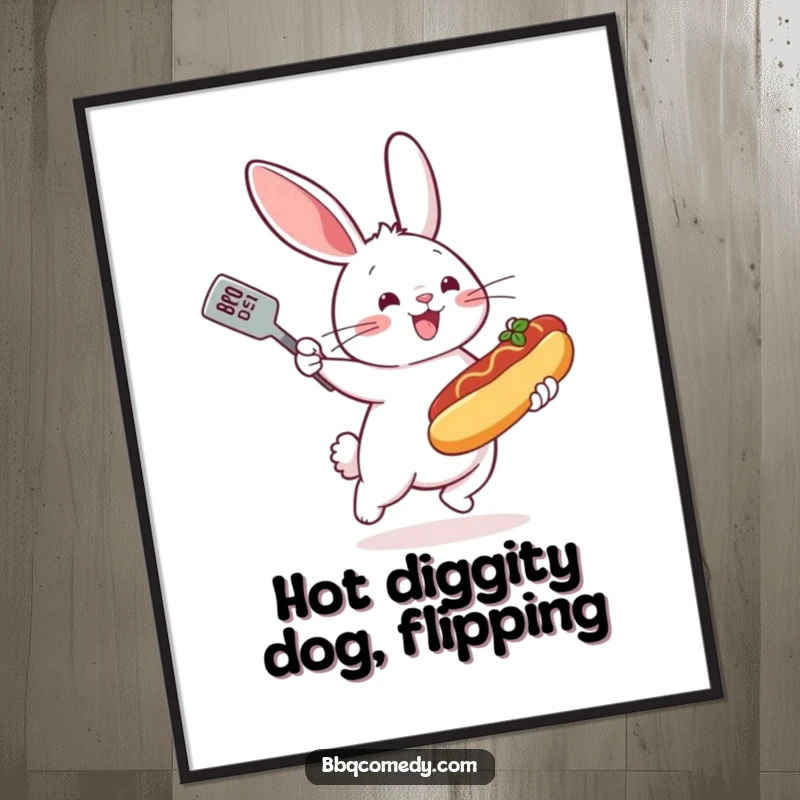 Bouncing bunny with a spatula enthusiastically flipping a miniature hot dog on a grill, creating humorous wall art.