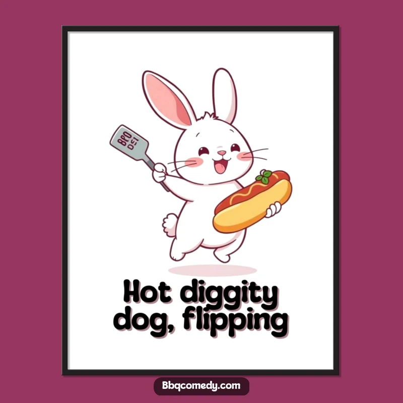 Funny Bunny BBQ Poster - Bouncing Hot Dog Art Gift for Foodies!
