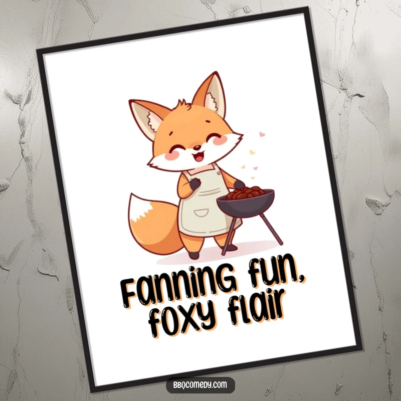 Cute fox wearing an apron, gleefully fanning a small charcoal barbecue, creating a charming wall art piece.
