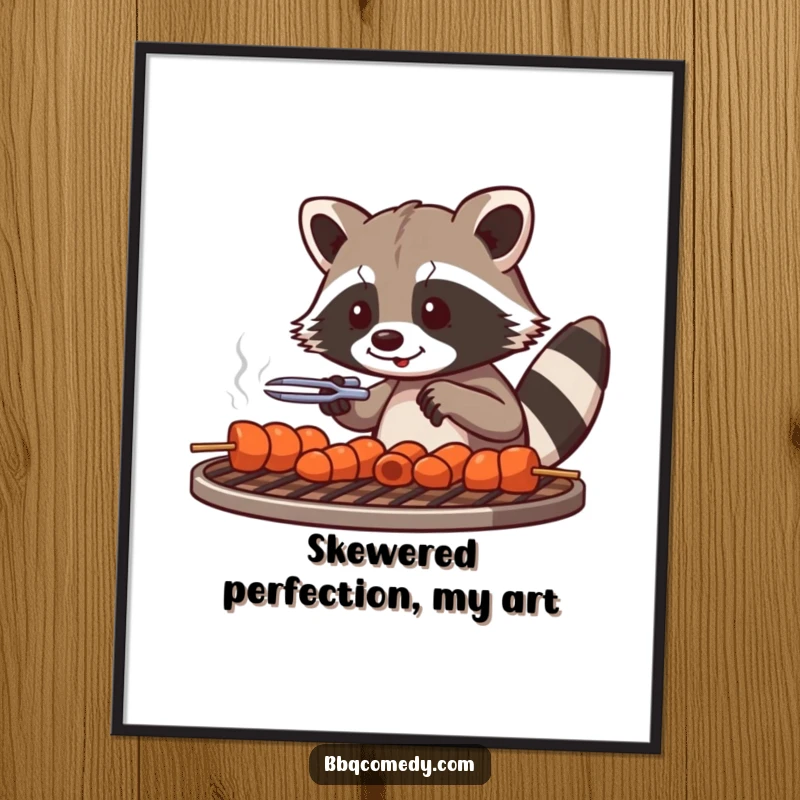 Playful raccoon with tongs carefully arranging skewers on a grill grate, creating a humorous wall art.