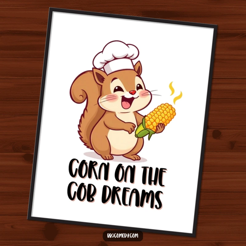 Enthusiastic squirrel wearing a chef hat, joyfully basting tiny corn on the cob, creating humorous wall art.