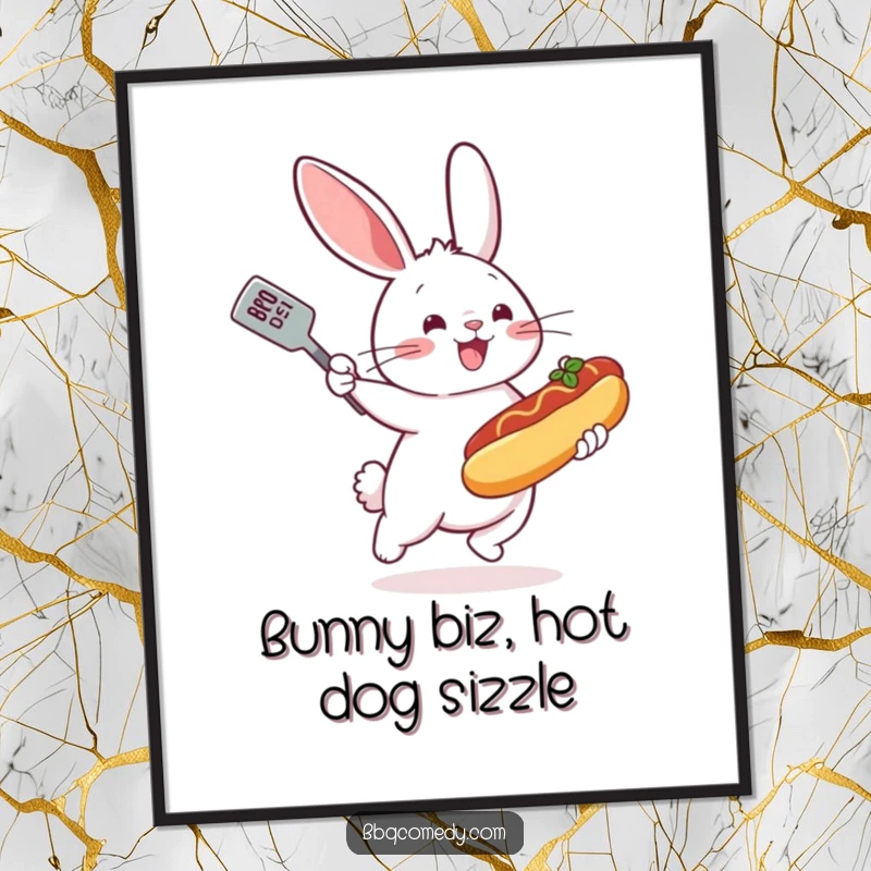 Funny Free Printable Wall Art: Bouncing bunny with a spatula enthusiastically flipping a miniature hot dog with a smile.