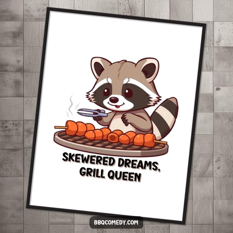 Funny Free Printable Wall Art: Playful raccoon with tongs carefully arranging skewers on a grill grate with focus.