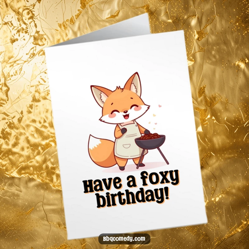Funny Free Printable Birthday Card: Cute fox in apron gleefully fanning a small charcoal barbecue with joy.