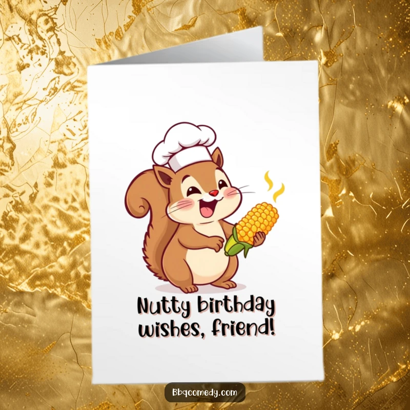 Funny Free Printable Birthday Card: Enthusiastic squirrel in chef hat joyfully basting tiny corn on the cob.