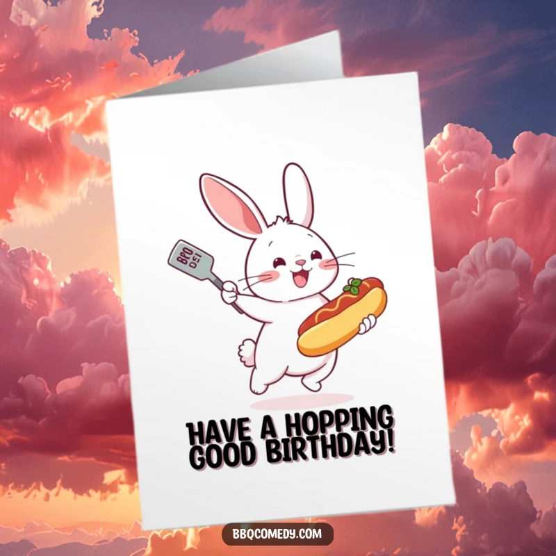 Funny Free Printable Birthday Card: Bouncing bunny with spatula enthusiastically flipping a miniature hot dog with joy.