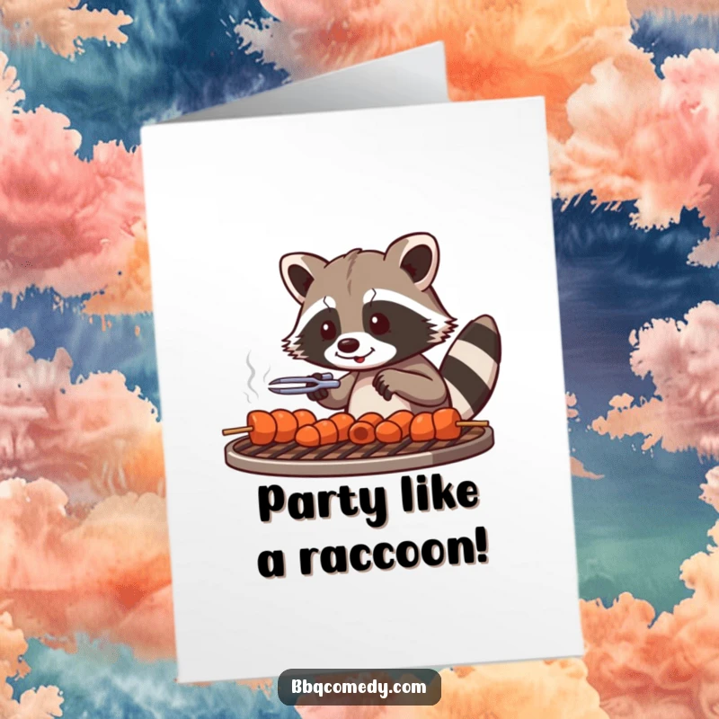 Funny Free Printable Birthday Card: Playful raccoon with tongs carefully arranging skewers on a grill grate.
