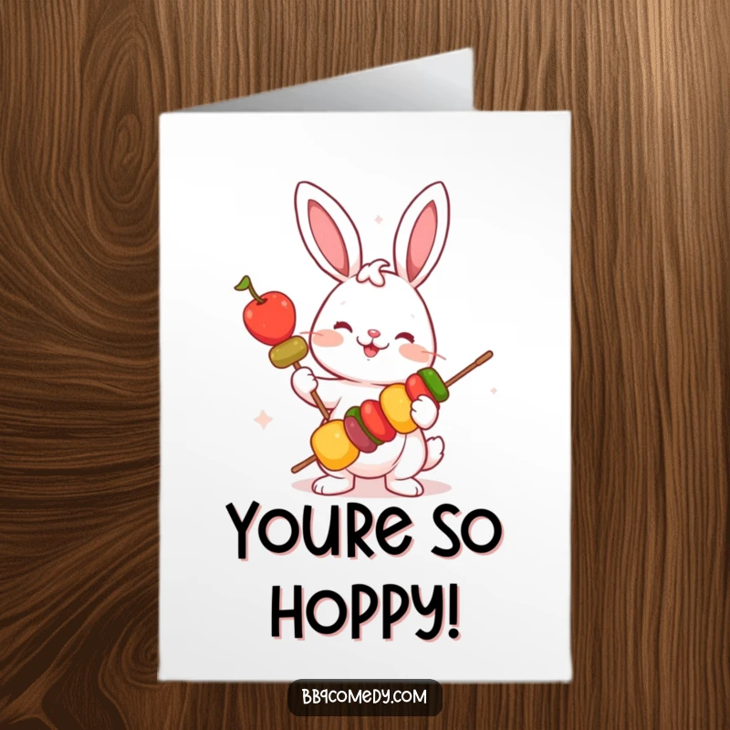 Funny free printable congratulations card: a happy bunny holding a skewer of bright vegetables, celebrating a fantastic achievement.