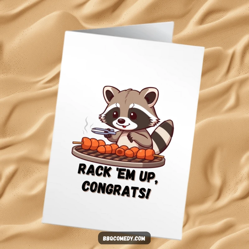 Funny Free Printable Congrats Card: Playful raccoon with tongs carefully arranging skewers on a grill grate, celebrating.