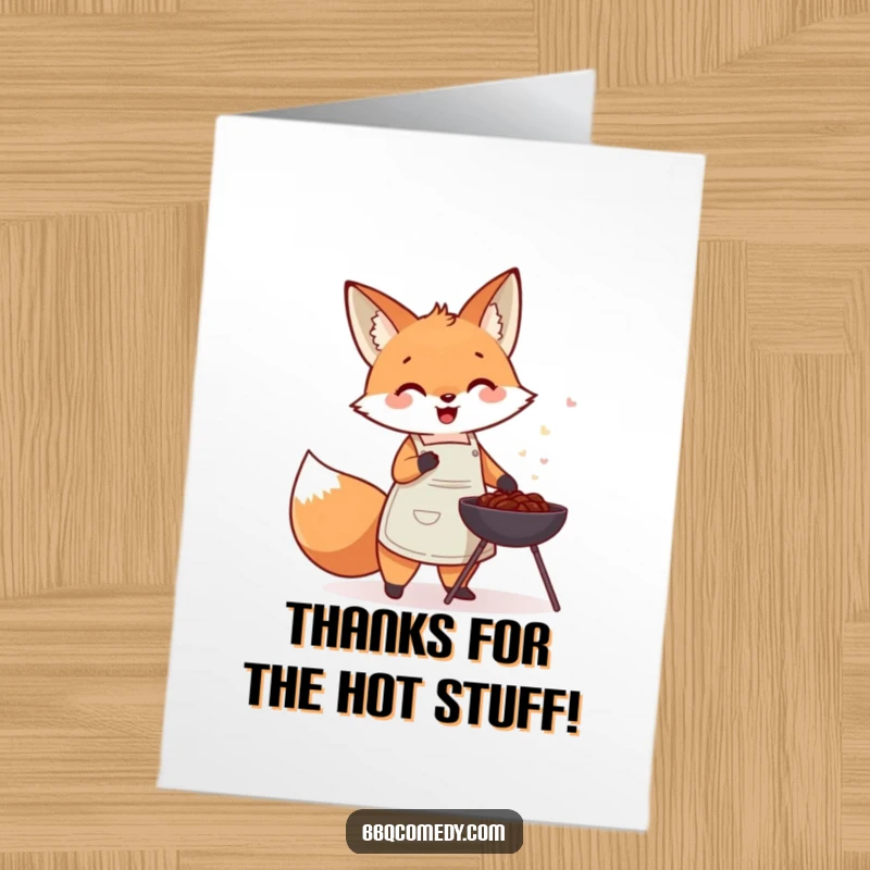 Funny Free Printable Thank You Card: Cute fox in apron gleefully fanning a small charcoal barbecue, showing thanks.