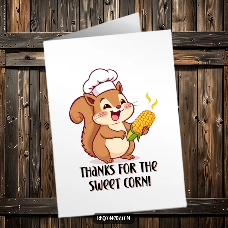 Funny Free Printable Thank You Card: Enthusiastic squirrel in chef hat joyfully basting tiny corn on the cob, saying thanks.