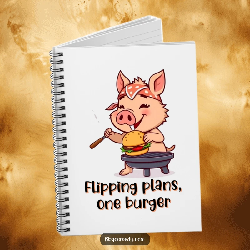 Funny boar wearing a bandana, flipping a tiny burger on a grill, depicted on the cover of a funny notebook.