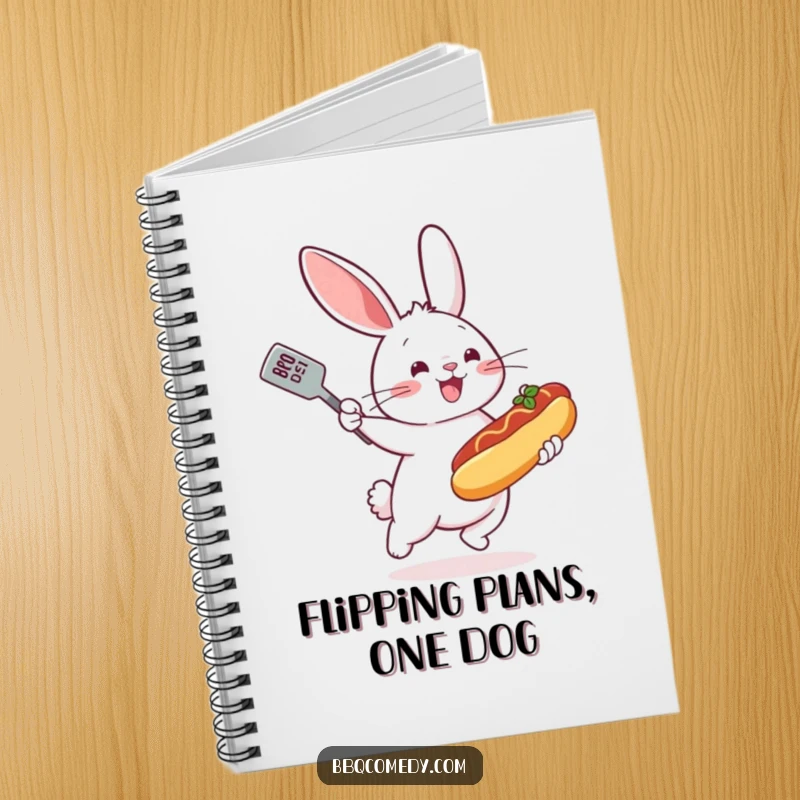Bouncing bunny with a spatula flipping a miniature hot dog on a grill, featured on the cover of a funny notebook.