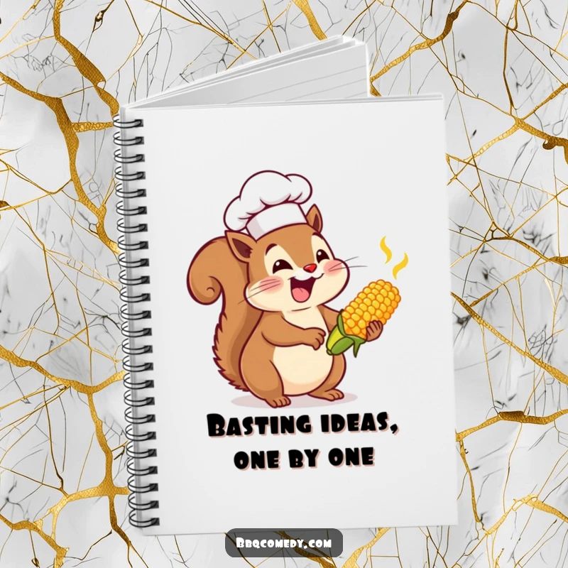 Enthusiastic squirrel wearing a chef hat, basting tiny corn on the cob, featured on the cover of a funny notebook.