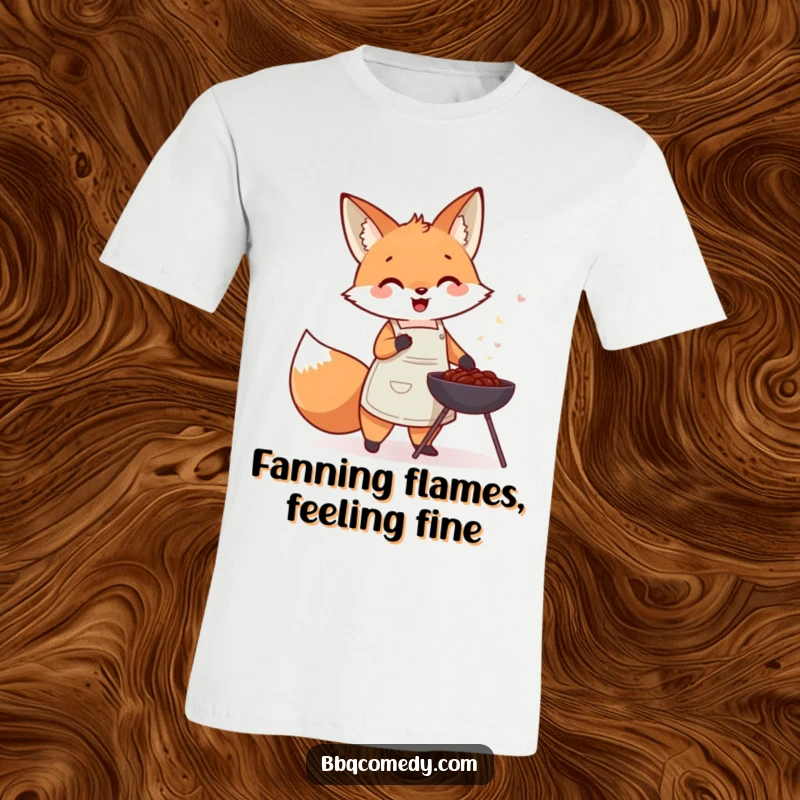 Cute fox wearing an apron, happily fanning a small charcoal barbecue with a cheerful expression.