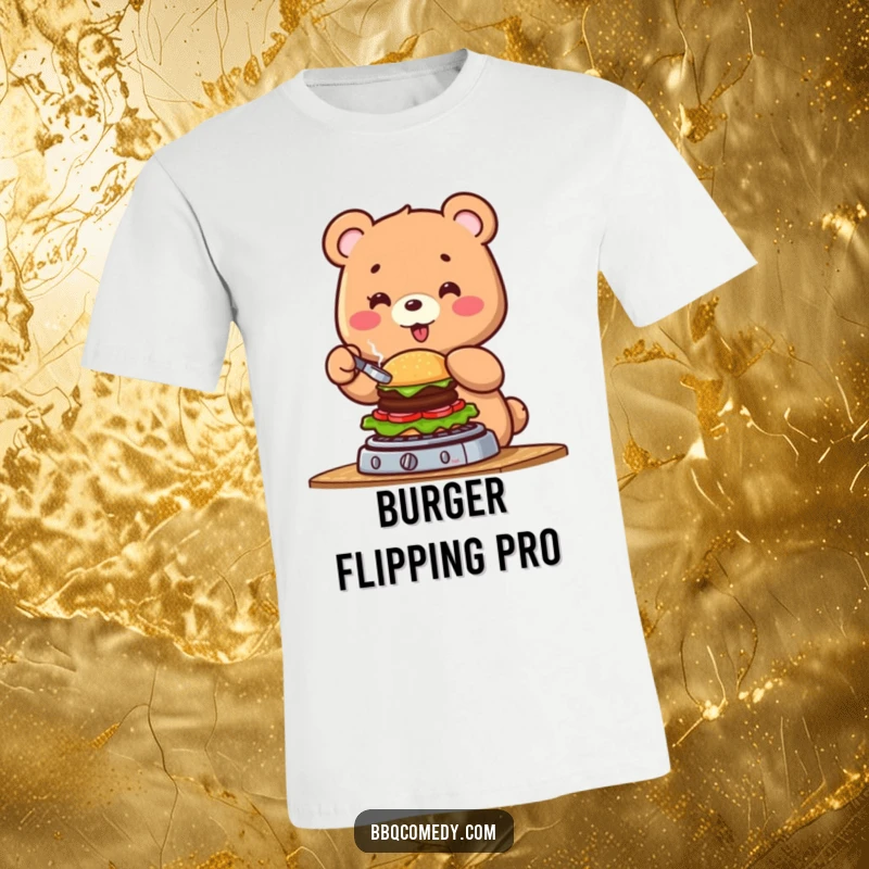 Funny cheerful bear flipping a small burger on a barbecue, ideal for any grill master's t-shirt.
