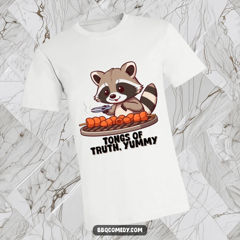 Playful raccoon using tongs to carefully arrange skewers on a metal grill grate, looking intent.