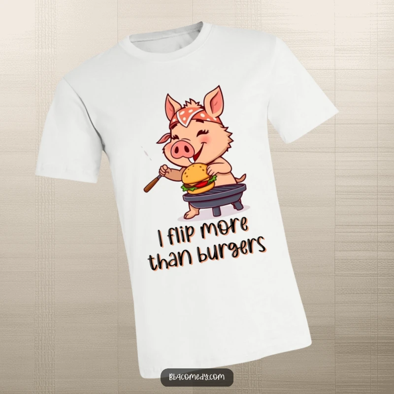 Funny boar wearing a bandana, enthusiastically flipping a miniature burger on a grill, showcasing peak BBQ skills.