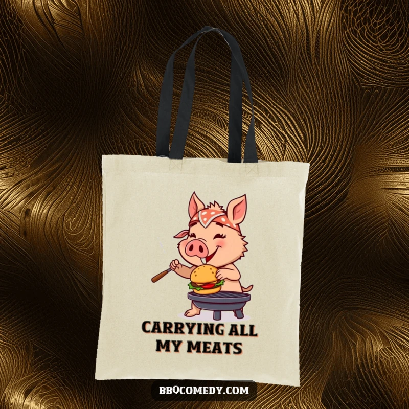 Funny boar wearing a bandana, flipping a tiny burger on a grill, designed for a fun shopping trip.