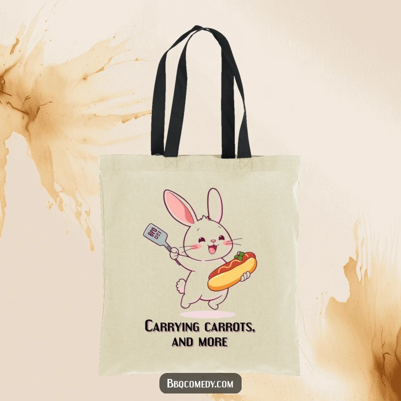 Bouncing bunny with a spatula flipping a miniature hot dog on a grill, ready for a shopping trip.