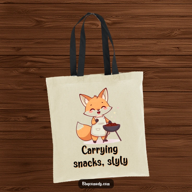 Cute fox in an apron, gleefully fanning a small charcoal barbecue, perfect for a fun shopping trip.